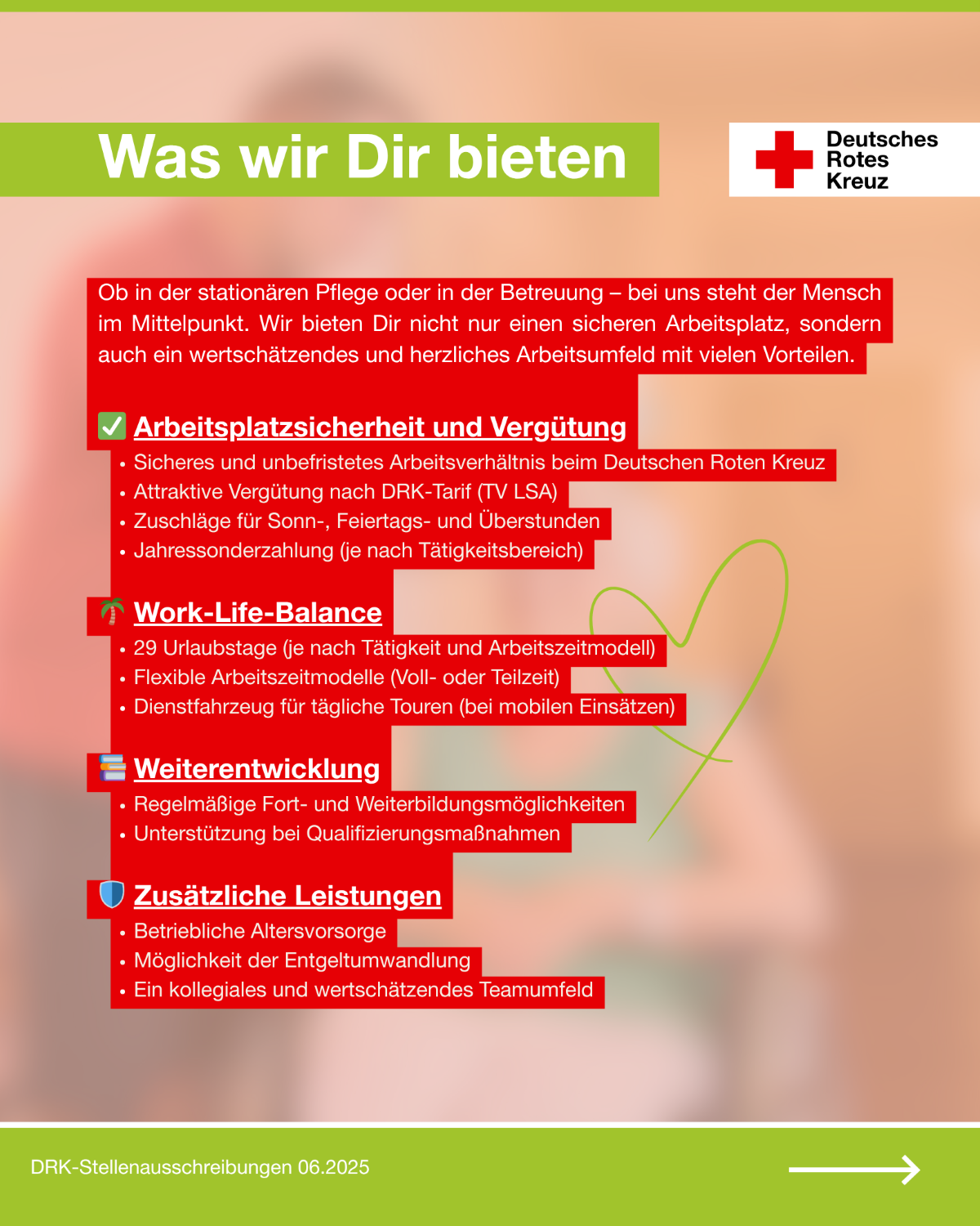Grafik mit dem Titel „Was wir Dir bieten“ für die Stellenanzeige einer Pflegehilfskraft beim DRK-Seniorenwohnpark Gerwisch. Enthält Vorteile wie Arbeitsplatzsicherheit, Vergütung, Work-Life-Balance, Weiterbildungsmöglichkeiten und zusätzliche Leistungen.