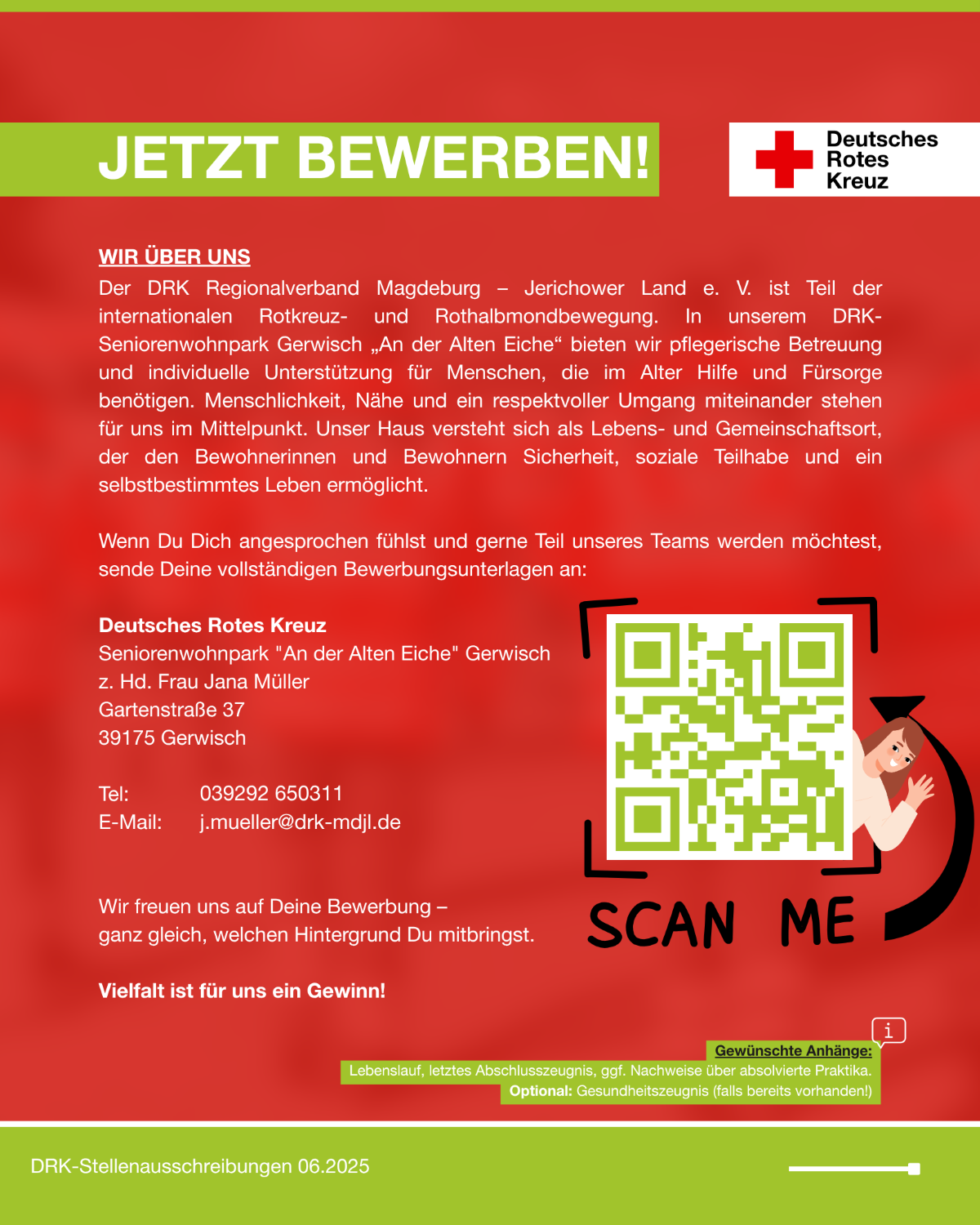 Stellenanzeige des DRK-Seniorenwohnparks Gerwisch mit dem Titel „JETZT BEWERBEN!“. Text über den Seniorenwohnpark, Kontaktdaten, Hinweise zur Bewerbung und ein grüner QR-Code mit der Aufschrift „SCAN ME“ sind sichtbar.