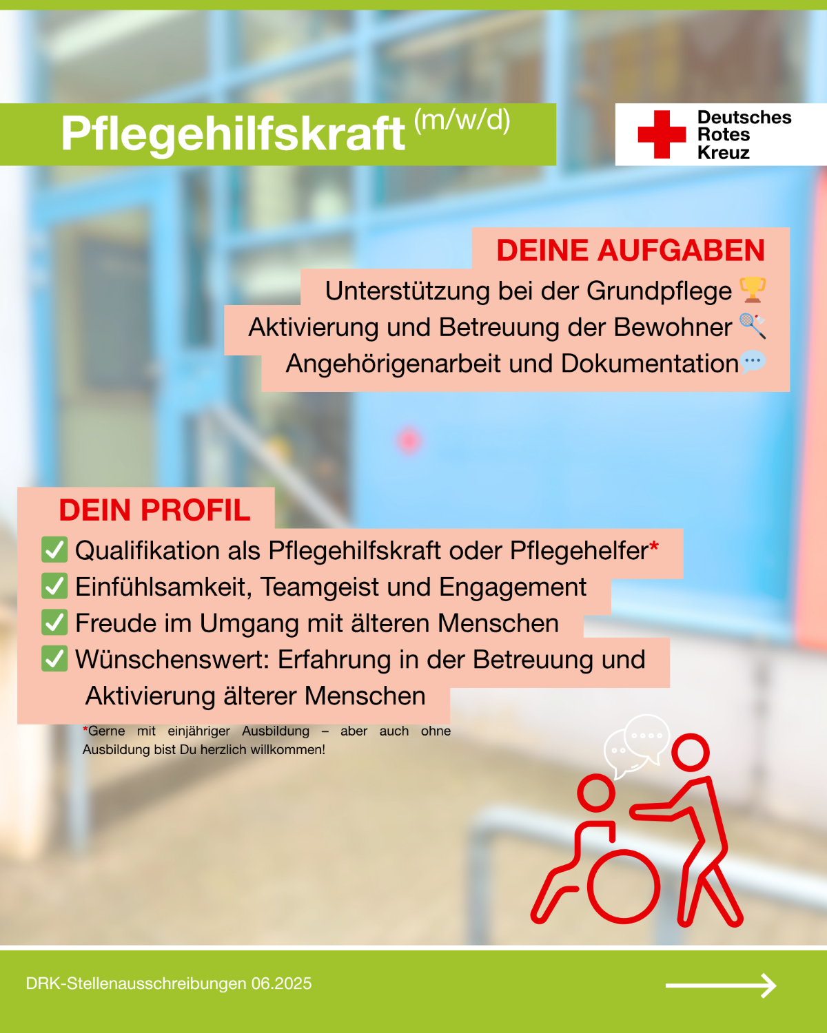 Grafik mit Stichpunkten zu den Aufgaben und dem Profil einer Pflegehilfskraft im DRK-Seniorenzentrum Genthin.