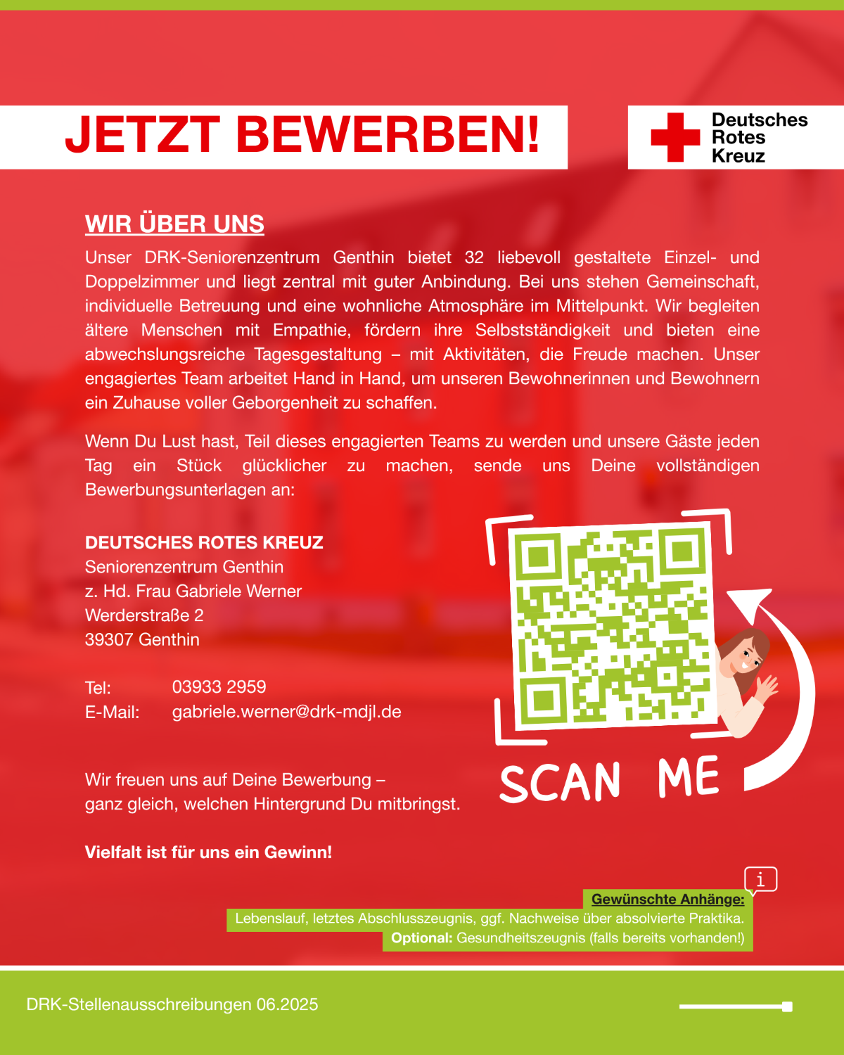 Bewerbungsgrafik mit einem QR-Code zum Bewerben, Ansprechpartnerin und Kontaktdaten des DRK-Seniorenzentrums Genthin.