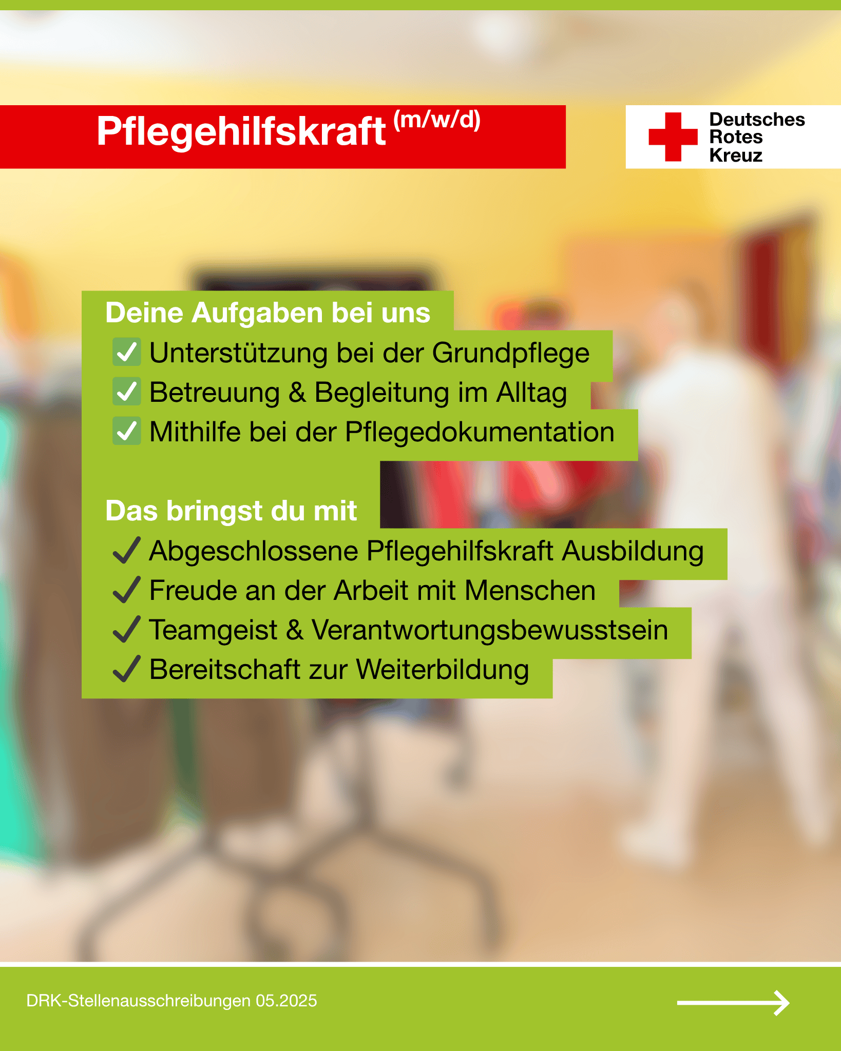 Stellenanzeige des DRK Magdeburg–Jerichower Land für eine Pflegehilfskraft. Aufgelistet sind Aufgaben wie Grundpflege und Dokumentation sowie Anforderungen wie Ausbildung, Teamgeist und Freude an der Arbeit mit Menschen.