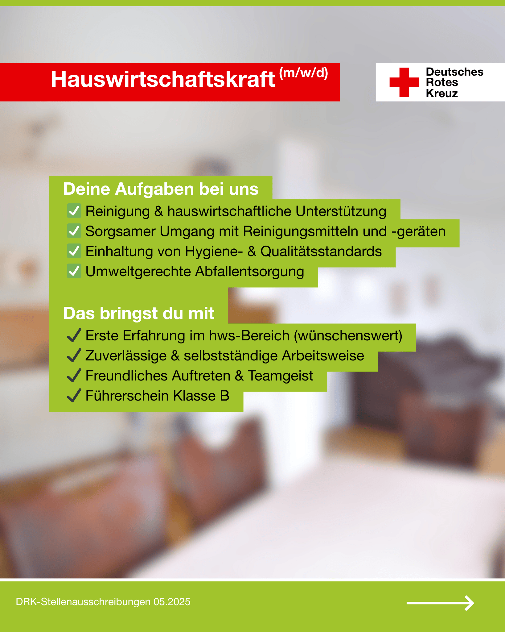 Stellenanzeige des DRK Magdeburg–Jerichower Land für eine Hauswirtschaftskraft. Aufgelistet sind Aufgaben wie Reinigung und Abfallentsorgung sowie Anforderungen wie Teamgeist und Führerschein Klasse B.