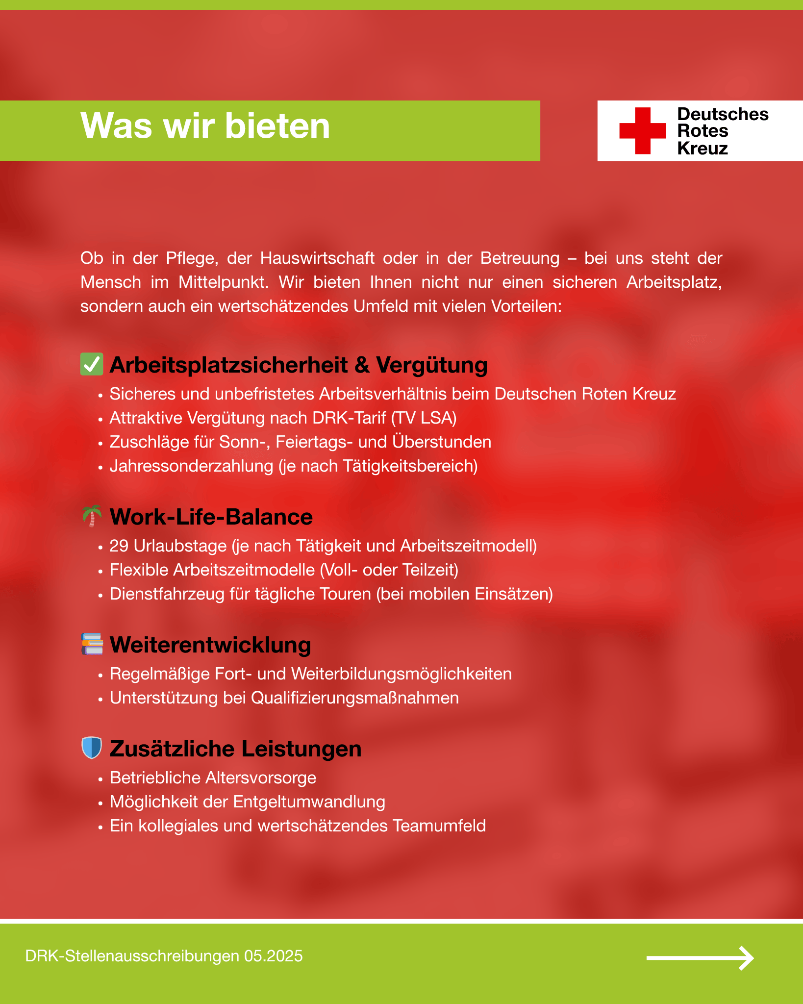 Grafik mit dem Titel „Was wir bieten“ zeigt die Vorteile einer Tätigkeit beim DRK Magdeburg–Jerichower Land: Arbeitsplatzsicherheit, Vergütung nach Tarif, Work-Life-Balance, Weiterentwicklung und zusätzliche Leistungen.