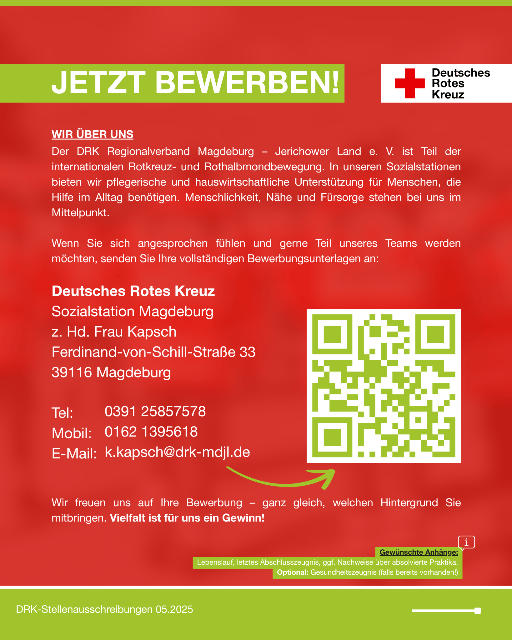 Grafik mit Bewerbungsaufruf des DRK Magdeburg–Jerichower Land. Enthält Text über das DRK, Kontaktdaten der Sozialstation Magdeburg, einen QR-Code sowie Hinweise zu einzureichenden Unterlagen.