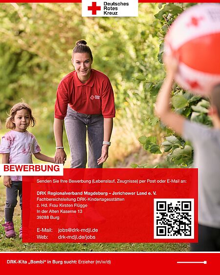 DRK-Erzieherin begleitet Kind an der Hand, Textfeld mit Bewerbungsadresse eingeblendet.
