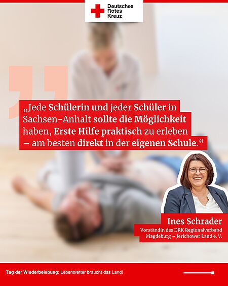 Porträt von Ines Schrader mit Zitat zur Bedeutung von Erste-Hilfe-Unterricht in Schulen.