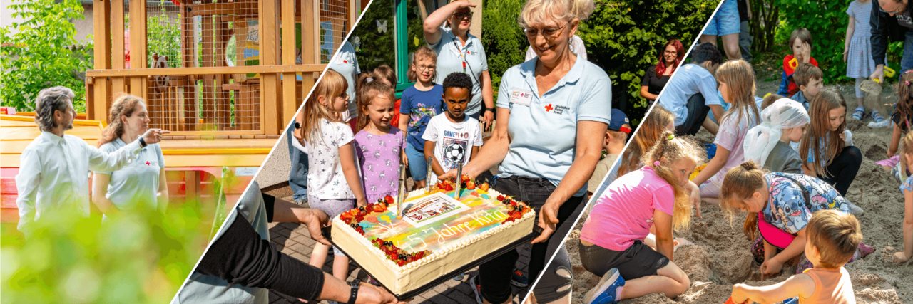 Collage mit drei Szenen vom Jubiläumsfest der DRK-Kita „Rasselbande“: Rundgang am Spielschiff, Torte und Schatzsuche.