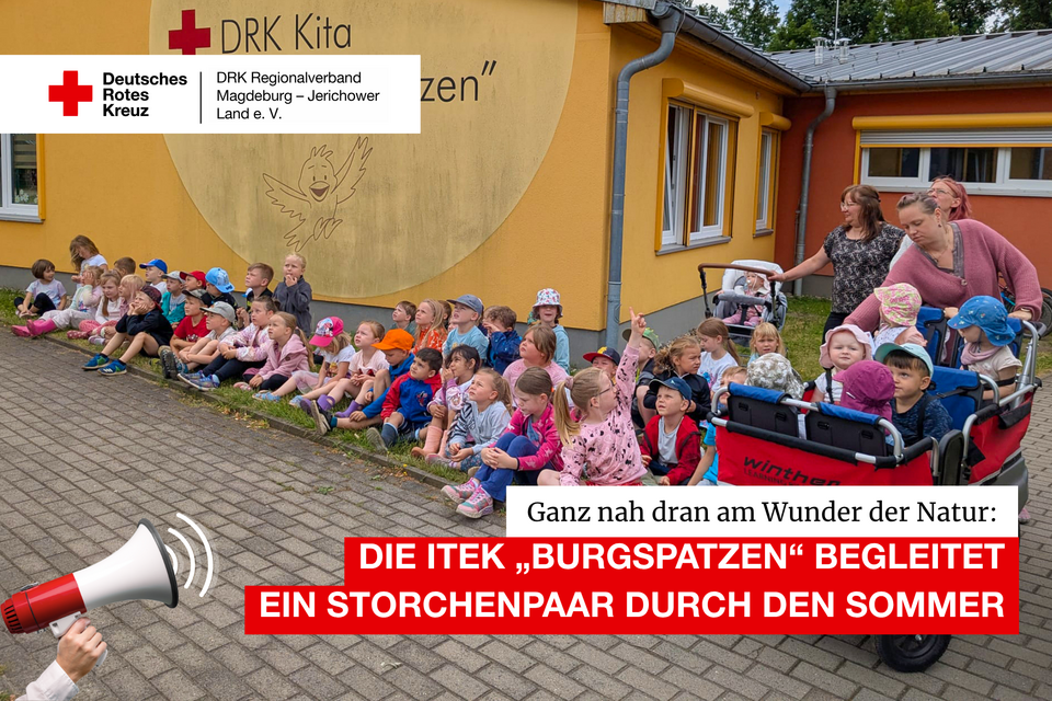 Kindergruppe der DRK-Kita „Burgspatzen“ sitzt vor der gelben Kita-Fassade, einige Kinder im Krippenwagen, oben eingeblendet der Titel „Die ITEK ‚Burgspatzen‘ begleitet ein Storchenpaar durch den Sommer“.