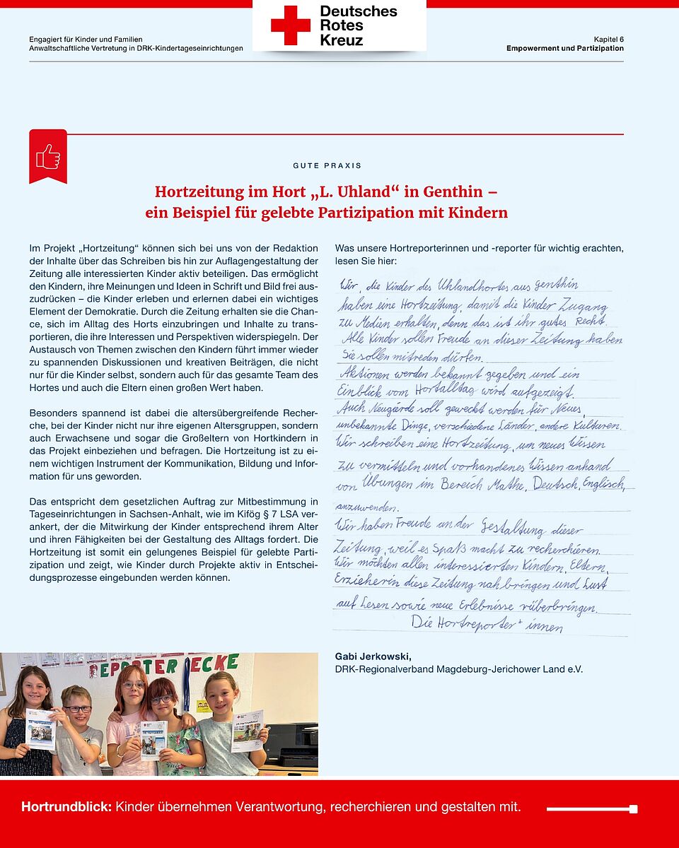 Kinderreporterinnen und -reporter des DRK-Horts „L. Uhland“ mit der Hortzeitung „Hortrundblick“.
