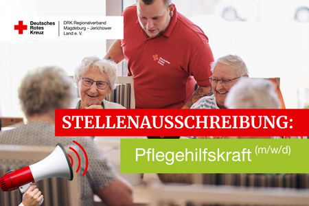 Eine fröhliche Szene im DRK-Seniorenwohnpark Gerwisch: Eine ältere Dame lacht, während ein DRK-Mitarbeiter in rotem Poloshirt mit ihr spricht. Links unten ist ein Megafon-Symbol, das eine Stellenanzeige betont.