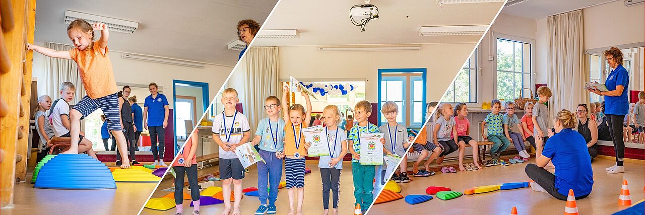 Mini-Sportabzeichen Sportino – Impressionen aus der DRK-ITEK „Bambi“ Collage aus drei Fotos: Kinder beim Klettern, im Parcours und mit Urkunden beim Mini-Sportabzeichen Sportino.
