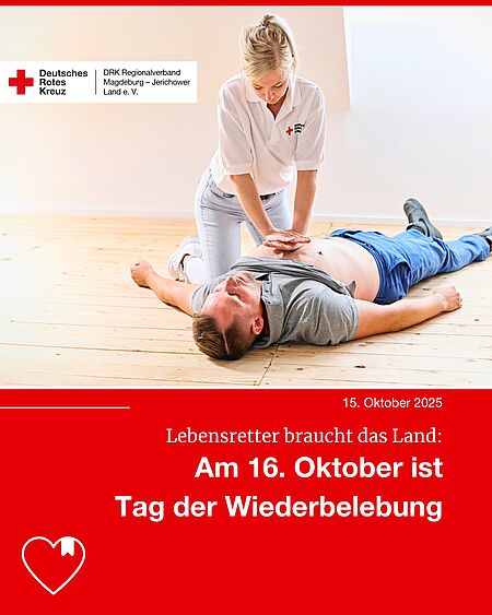 Plakatmotiv des DRK zum Tag der Wiederbelebung mit Slogan „Lebensretter braucht das Land“.
