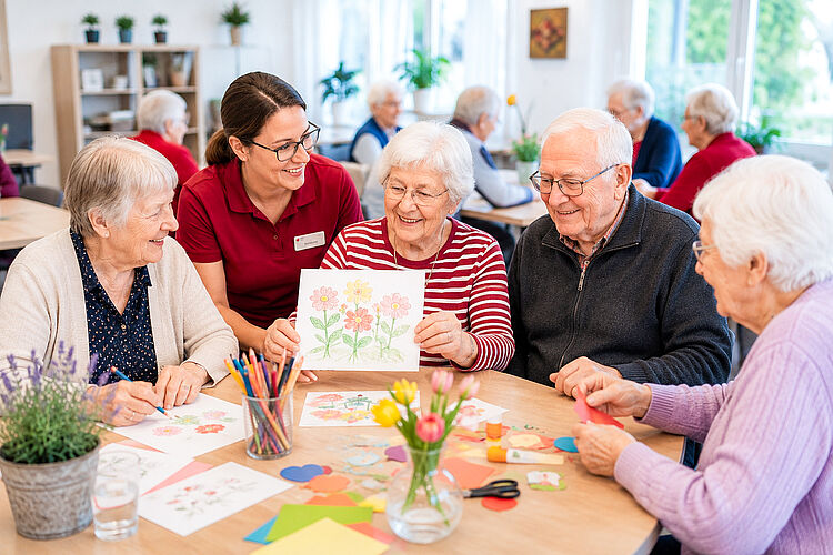 Seniorinnen und Senioren gestalten gemeinsam mit einer Betreuungskraft kreative Bilder und Bastelarbeiten in der Tagespflege.