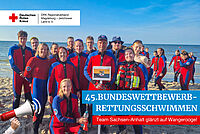 Gruppenfoto der DRK-Wasserwacht Jerichower Land im Neoprenanzug am Strand; vorn Textbanner „45. Bundeswettbewerb Rettungsschwimmen – Team Sachsen-Anhalt glänzt auf Wangerooge!“ und DRK-Logo oben links.