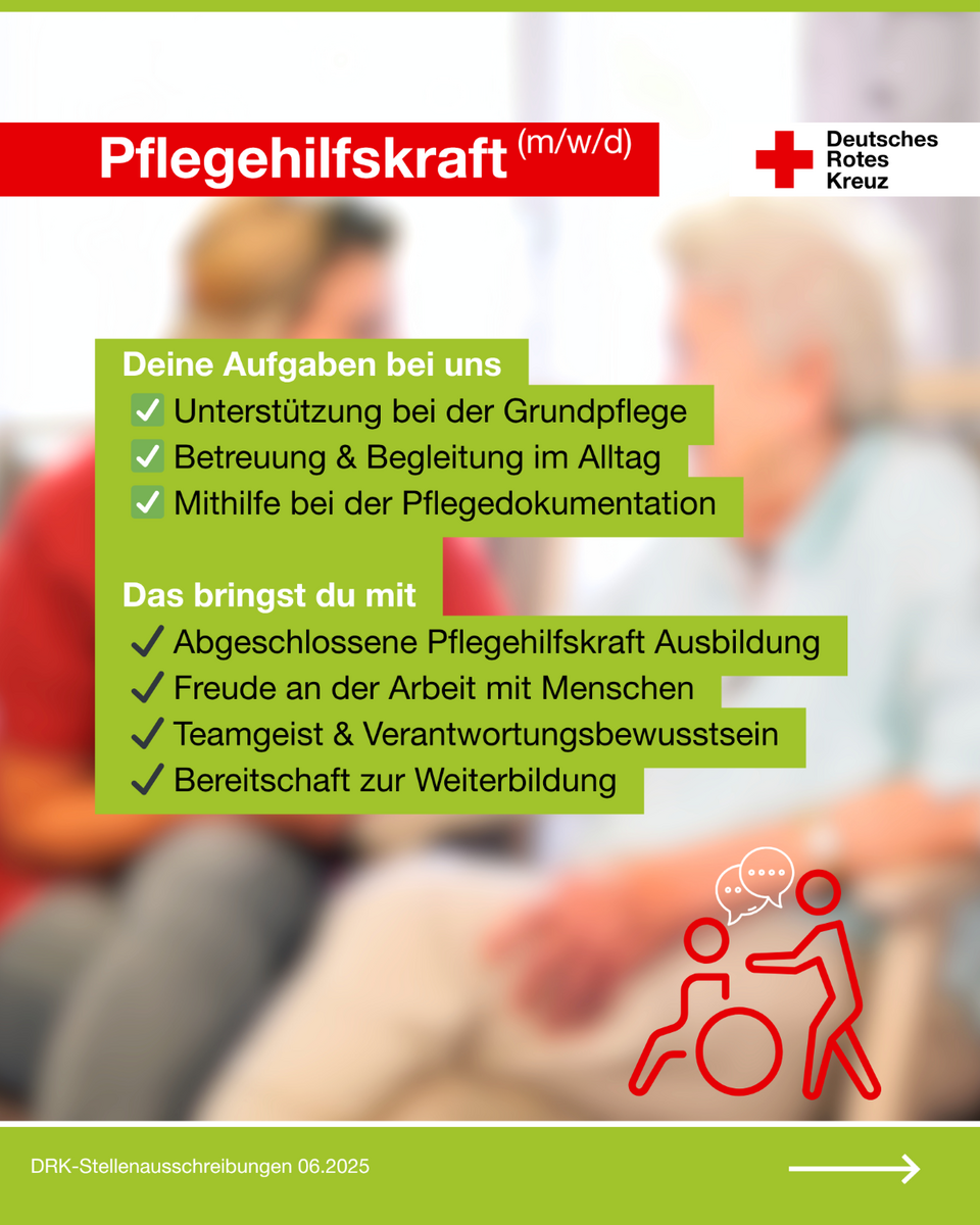 Stellenanzeige des DRK-Seniorenwohnparks Gerwisch für eine Pflegehilfskraft (m/w/d). Oben roter Balken mit Titel, darunter grüne Boxen mit Aufgaben und Qualifikationen, sowie ein Icon mit Figuren und Rollstuhl.