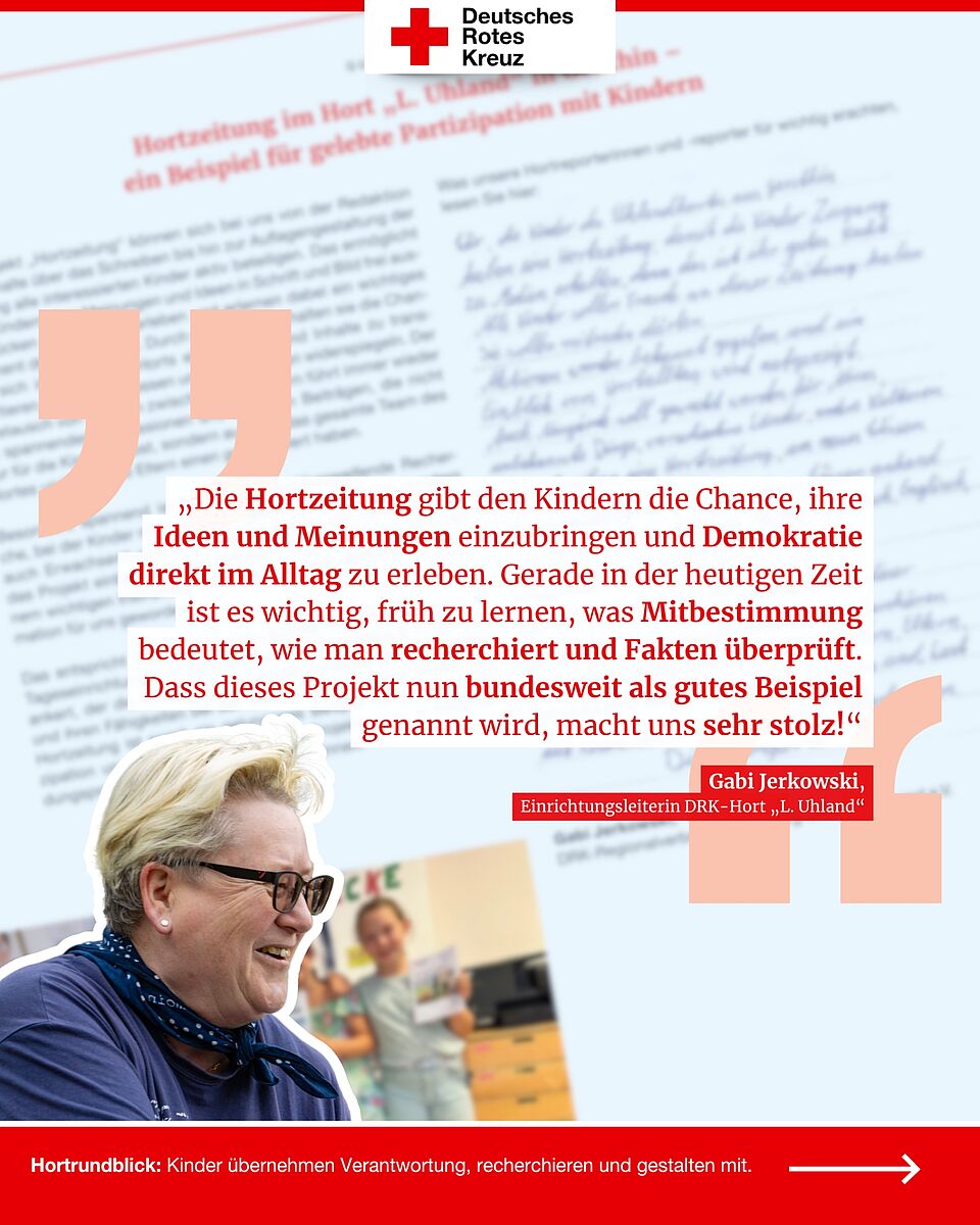 Zitat von Gabi Jerkowski über Mitbestimmung, Recherche und Demokratie im Alltag im DRK-Hort „L. Uhland“.