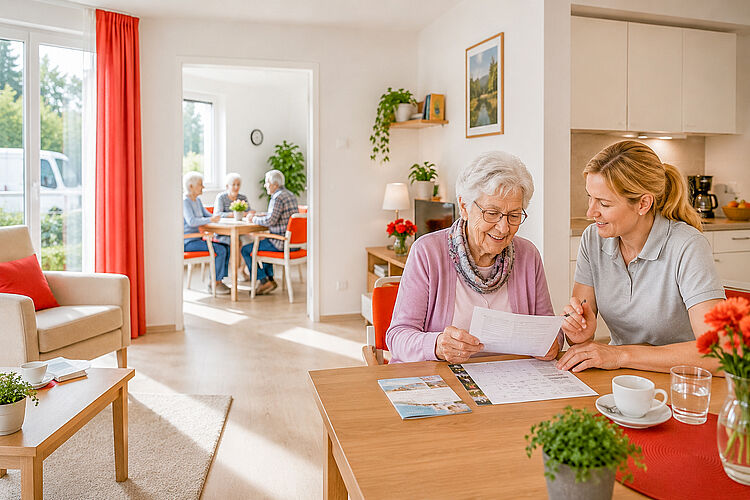 Eine Bewohnerin des Betreuten Wohnens bespricht gemeinsam mit einer Mitarbeiterin Unterlagen an ihrem Esstisch.