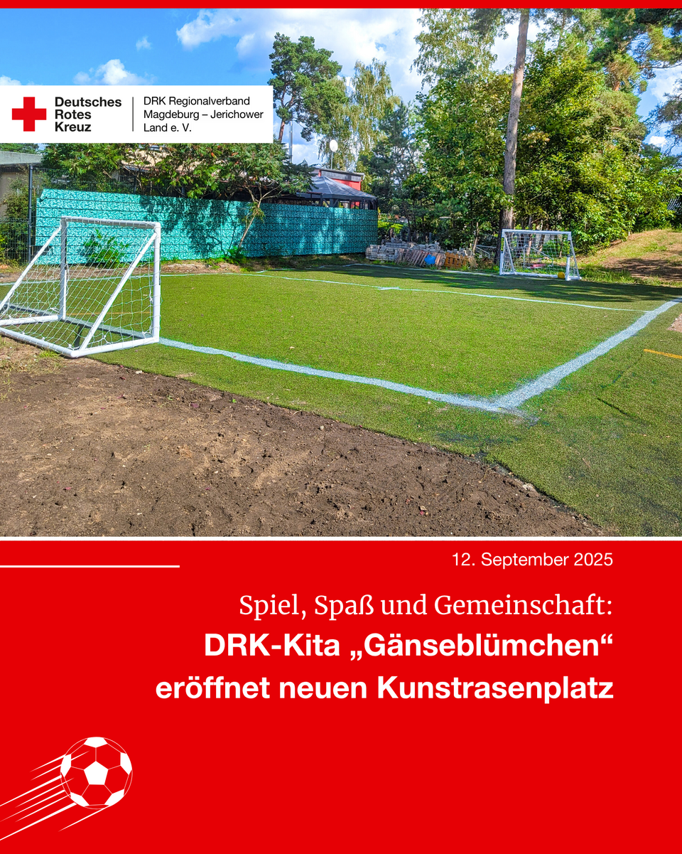 Blick auf den neuen Kunstrasenplatz der DRK-Kita „Gänseblümchen“ in Hohenwarthe mit zwei kleinen Toren.