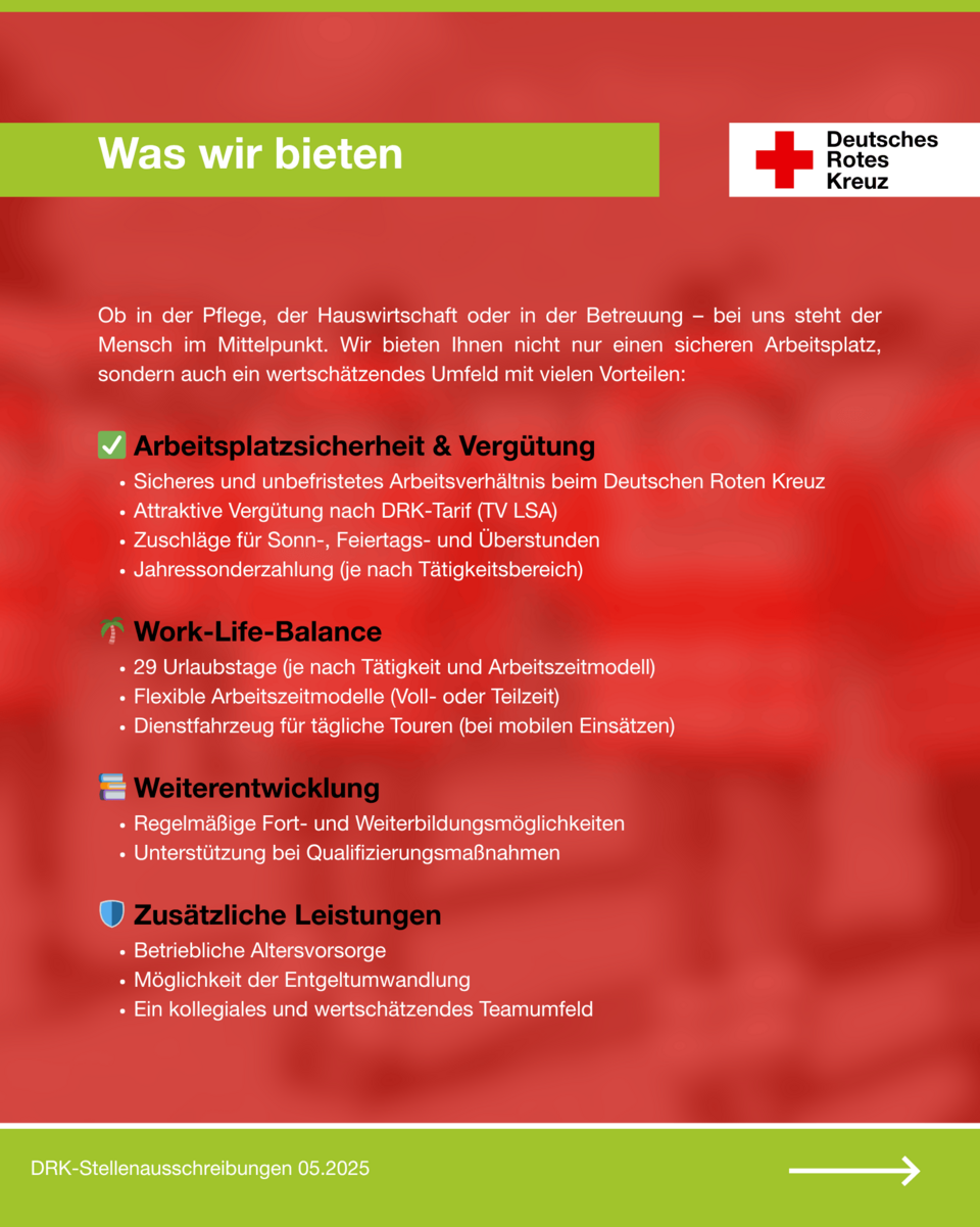 Grafik mit dem Titel „Was wir bieten“ zeigt die Vorteile einer Tätigkeit beim DRK Magdeburg–Jerichower Land: Arbeitsplatzsicherheit, Vergütung nach Tarif, Work-Life-Balance, Weiterentwicklung und zusätzliche Leistungen.