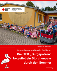 Eine große Kindergruppe sitzt vor der gelben Wand der ITEK „Burgspatzen“ in Loburg. Im Hintergrund ist das Kita-Logo mit dem Spatzen zu sehen. Rechts stehen Erzieherinnen mit Krippenkindern in einem Krippenwagen. Die Kinder schauen gespannt nach oben – in Richtung des Storchennests.