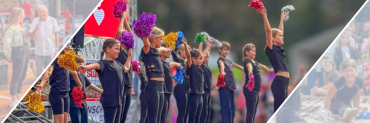 Kinder der Cheerleading-AG des DRK-Hortes „Diesterweg“ tanzen auf der Bühne beim Kartoffelfest mit bunten Pompons.
