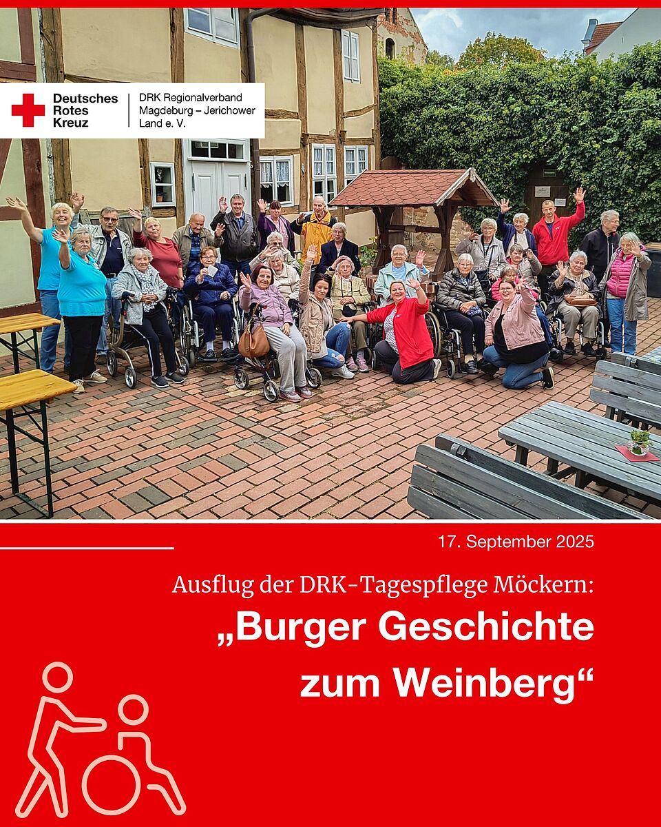 Gruppenfoto der DRK-Tagespflege Möckern beim Ausflug nach Burg.