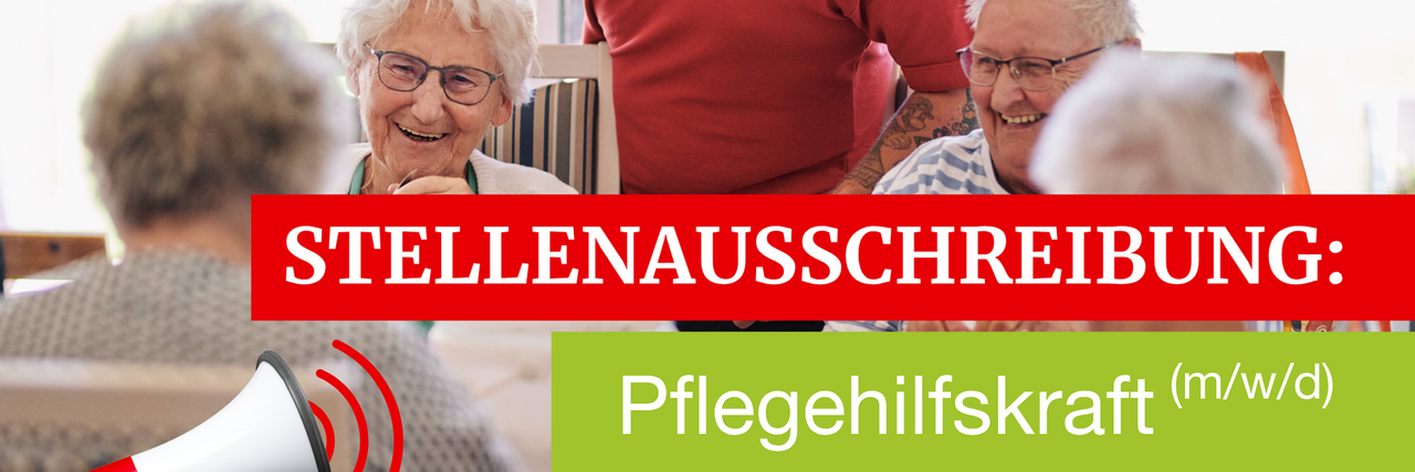 Eine fröhliche Szene im DRK-Seniorenwohnpark Gerwisch: Eine ältere Dame lacht, während ein DRK-Mitarbeiter in rotem Poloshirt mit ihr spricht. Links unten ist ein Megafon-Symbol, das eine Stellenanzeige betont.