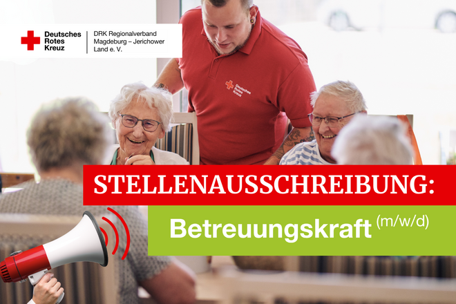 Grafik mit fröhlichen Seniorinnen und einem DRK-Mitarbeiter, die eine kreative Aktivität in der Tagespflege ausführen, ergänzt mit dem Text „Stellenausschreibung: Betreuungskraft (m/w/d)“.