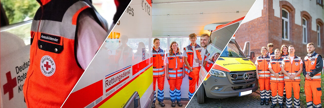 Collage mit Bildern der neuen Notfallsanitäter-Azubis: Detailaufnahme der DRK-Dienstkleidung, Gruppenfoto vor dem RTW Genthin 83/1 und Einweisungsszene in der Rettungswache Burg.
