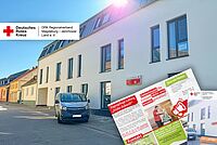 Außenansicht der DRK-Tagespflege „Frohe Zukunft“ Loburg mit DRK-Fahrzeug vor dem Eingang.