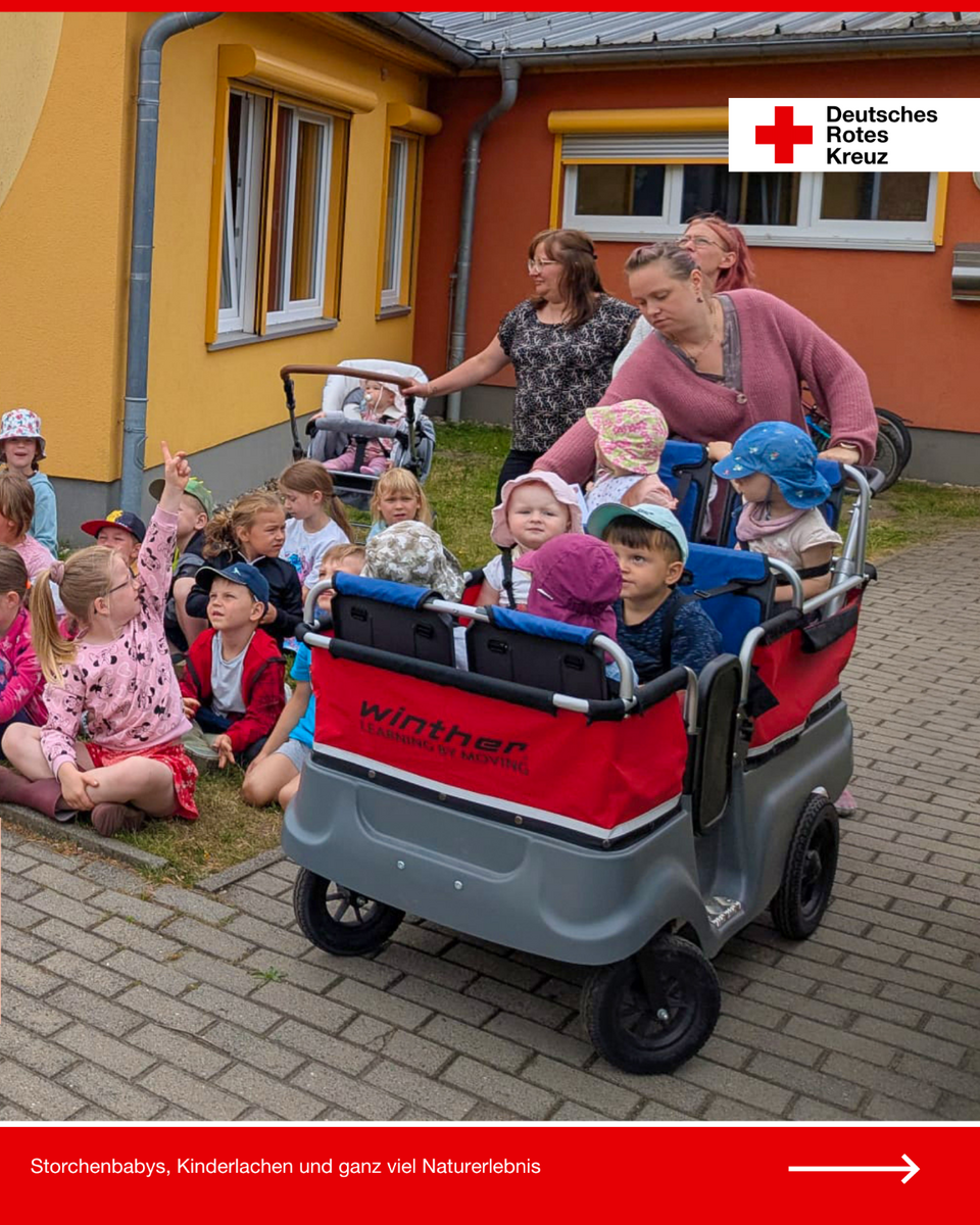 Kinder sitzen vor der ITEK „Burgspatzen“ in Loburg auf dem Boden, während mehrere Krippenkinder in einem roten Krippenwagen sitzen. Zwei Erzieherinnen betreuen die Gruppe. Die Kinder blicken gespannt in Richtung Himmel.