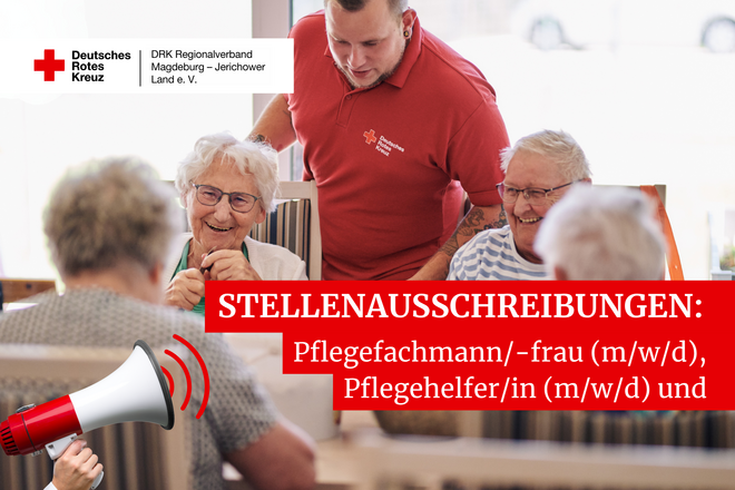 Ein DRK-Mitarbeiter spricht mit mehreren älteren Damen an einem Tisch. Die Bildgrafik weist auf Stellenangebote als Pflegefachkraft und Pflegehelfer*in hin.