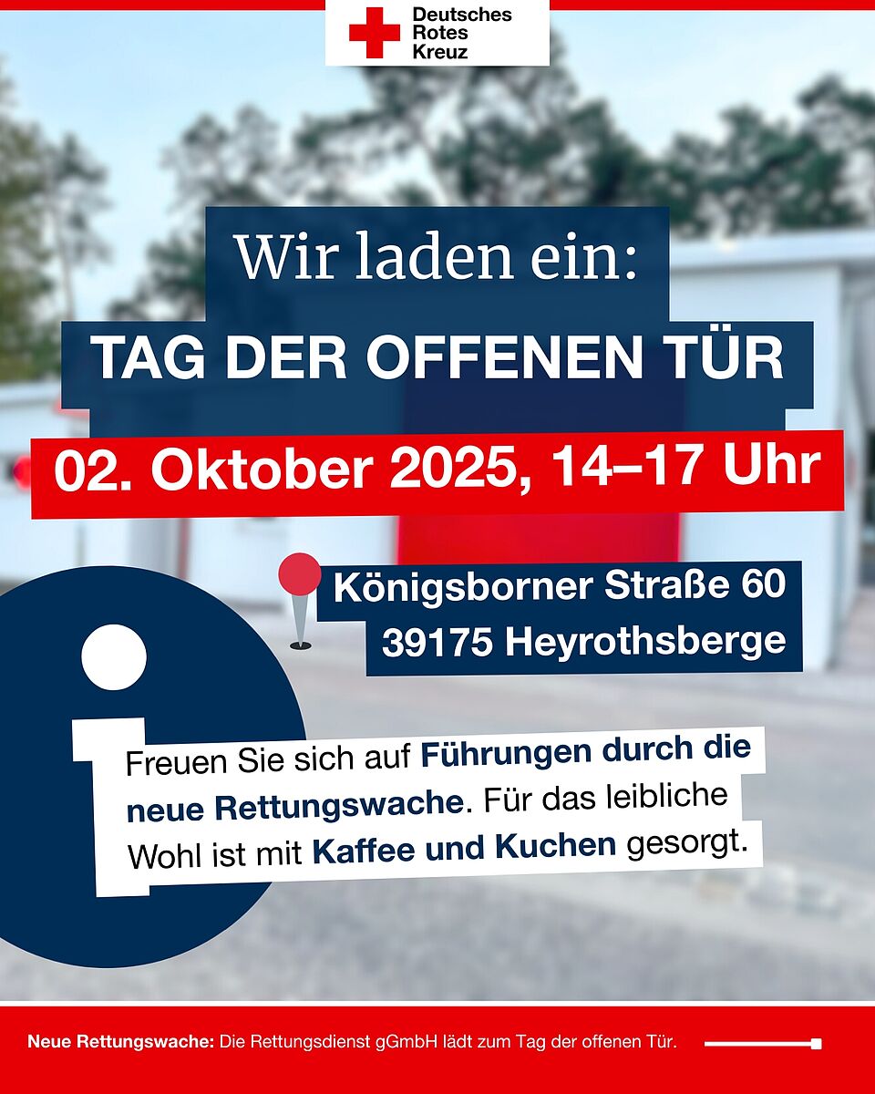 Einladung zum Tag der offenen Tür in der DRK-Rettungswache Heyrothsberge am 2. Oktober 2025 mit Angabe von Datum, Uhrzeit und Adresse.